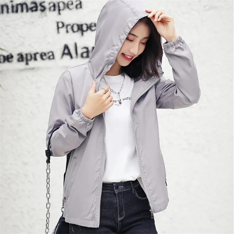 Spring Autumn Womens Jacket Fashion Solid Hooded Basic Coat Thin Windbreaker Long Sleeve Female Casual Short Coat Outwear 250728