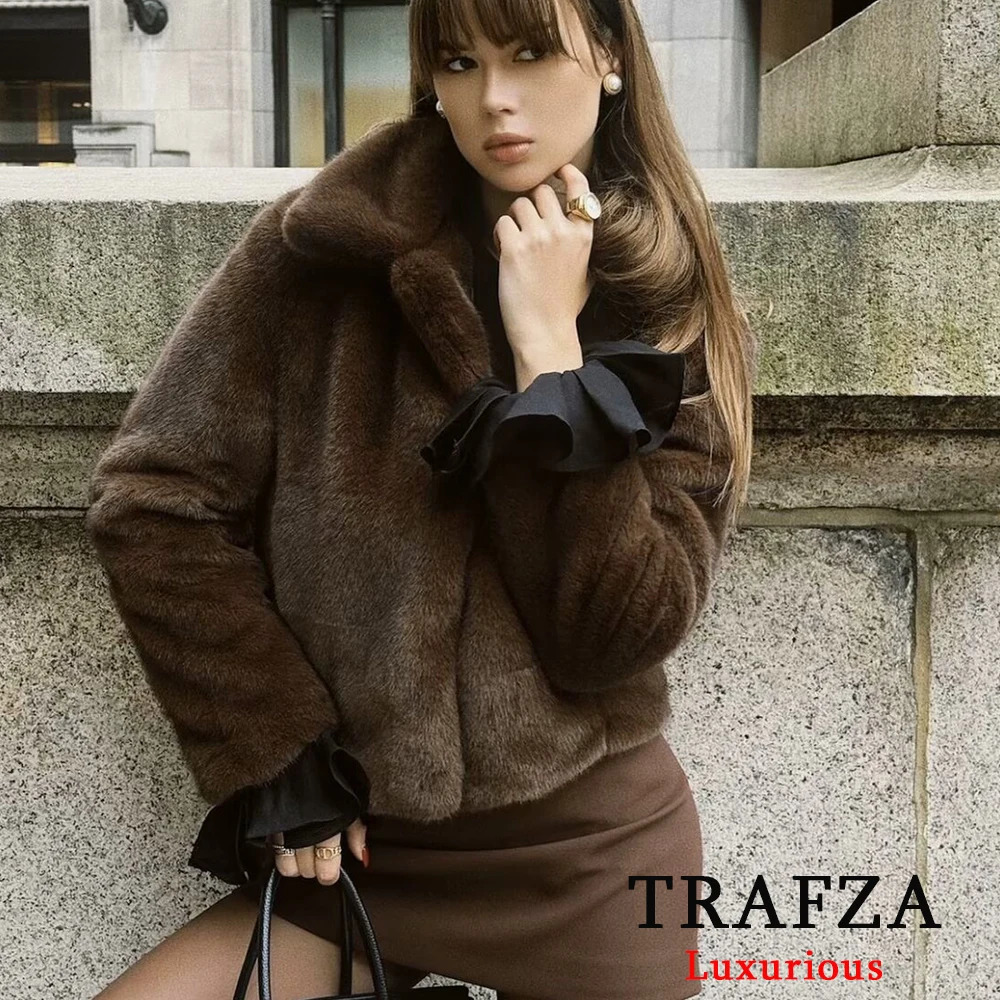 TRAFZA Vintage Causal Faux Fur Jackets Women Long Sleeve Loose Buttons Coats Fashion Spring Brown Fur Coats Elegant Outwear 250806