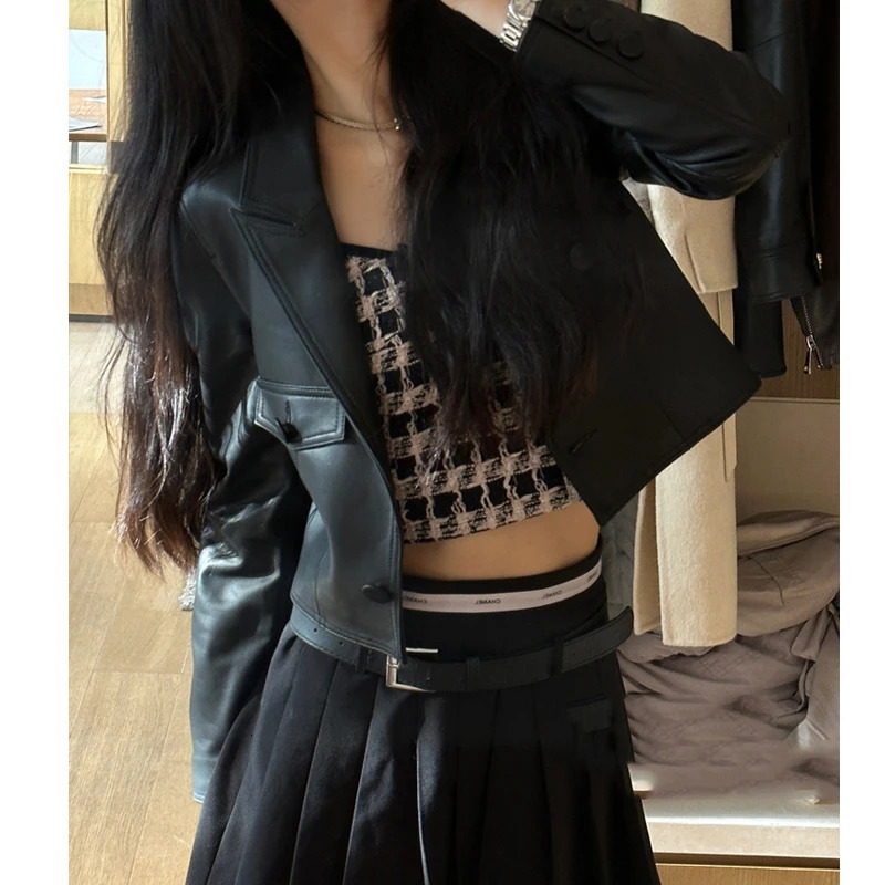 Short Genuine Leather Blazer Jackets for Women Fashion Pink Lapel Single Button Female Long Sleeve Sheepskin Jackets 250804