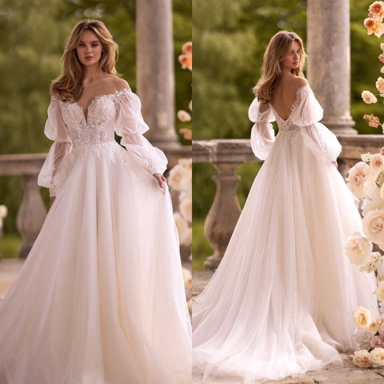 Illusion Wedding Dresses Sweetheart Backless Appliques Long Sleeve Sweep Train Bridal Gown Vestido De Noiva Customized