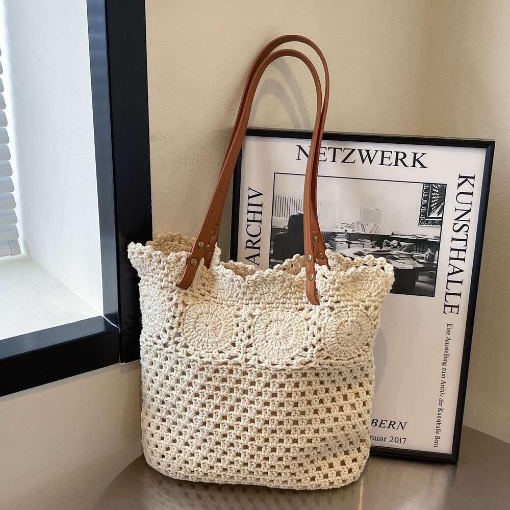Korean Hollow Cotton Rope Woven Underarm Tote For Women New Handheld Bucket Vacation Beach Bag B5