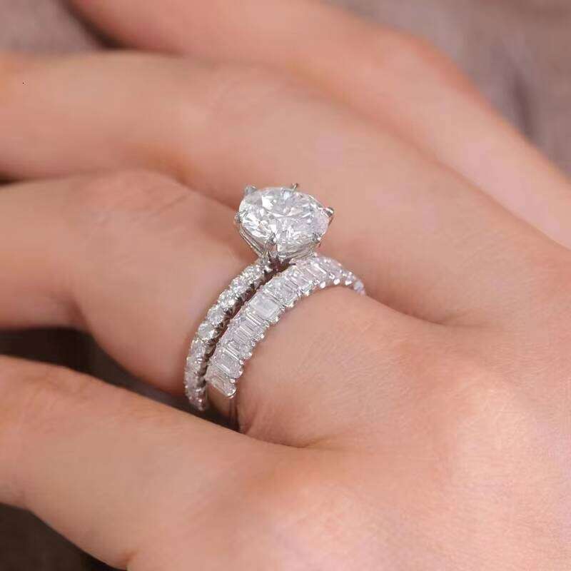 XingGuang14K Solid White Gold Wedding Band Emerald Round Cut Moissanite Eternity Ring for Women