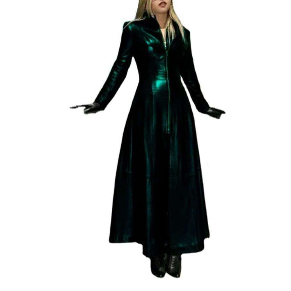 Women's Ultra Long Net Pu Small Stand Collar Leather fur Coat