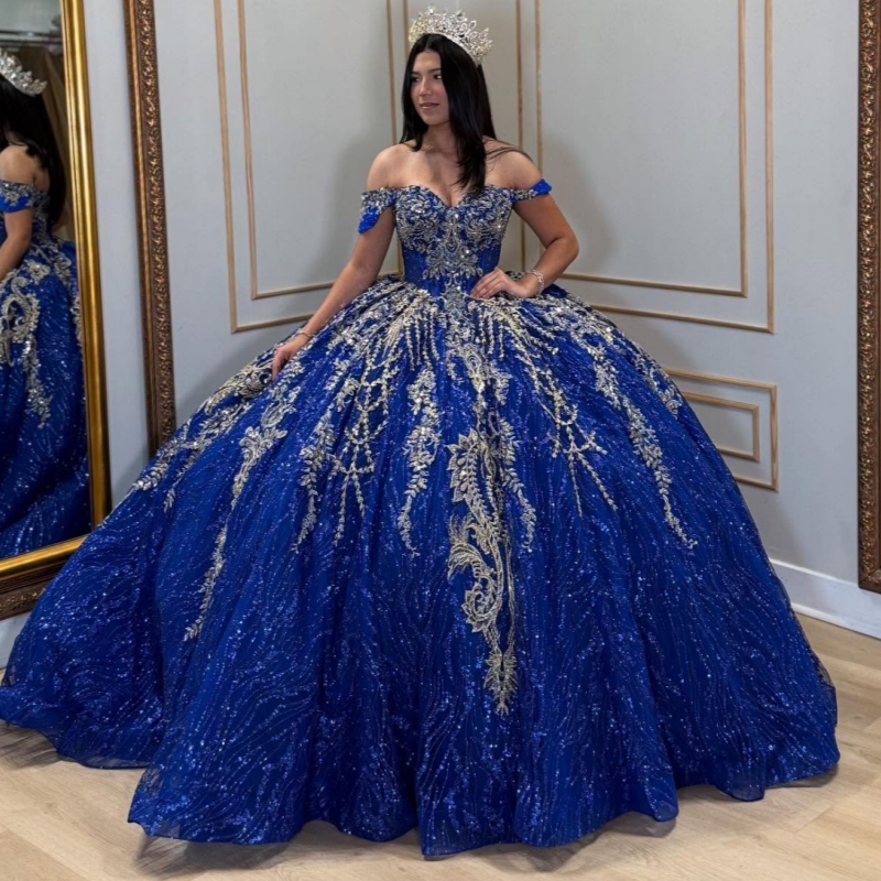 Royal Blue Shiny Quinceanera Dresses Off The Shoulder Applique Lace Beading Crystal Tull Ball Gown Vestidos 15 Anos Sweet 16 Dress