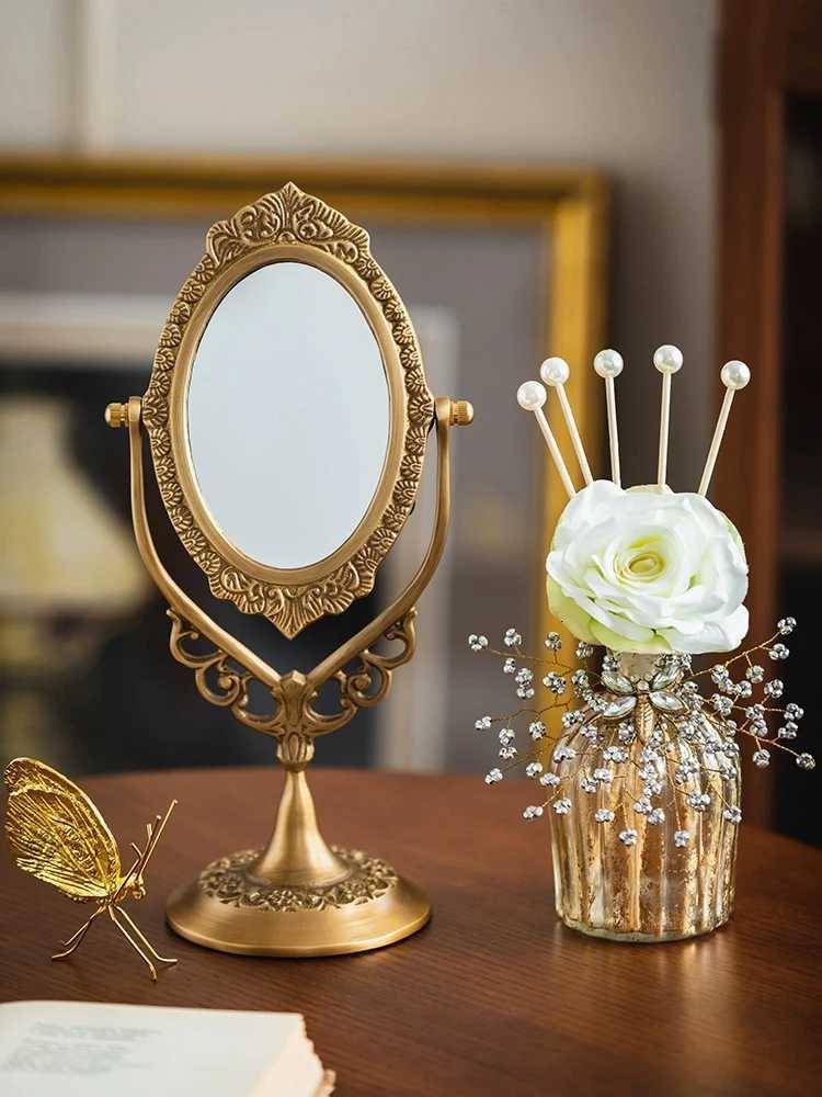 Retro Brass Tabletop Swing Mirror Oval Engraved Pattern Antique Gold Boutique Mirror Vanity Adjustable Desk Dress-up Mirror Z250807