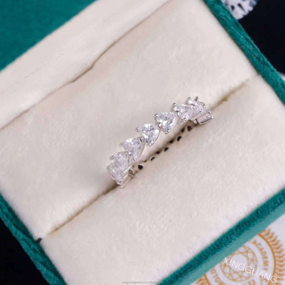 Pass Dia Test Heart Moissanite Eternity Band Ring Real 14K White Solid Gold Rings Women Wedding Fashion Jewelry