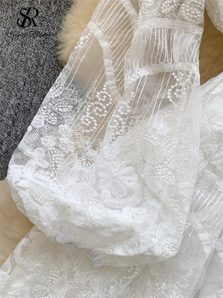 SINGREINY 2025 Senior Women Dress V Neck Lantern Sleeve Embroidery With BeltSlim Sundress Chic Spring Gentle Mesh Mini Dress 250728