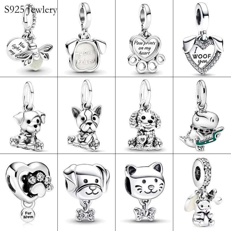 Silver Charm Heart Dog Double Dangle Charm Pet Puppy Dog Dangle Charm Fit S925 Snake Bracelet Women Jewelry DIY