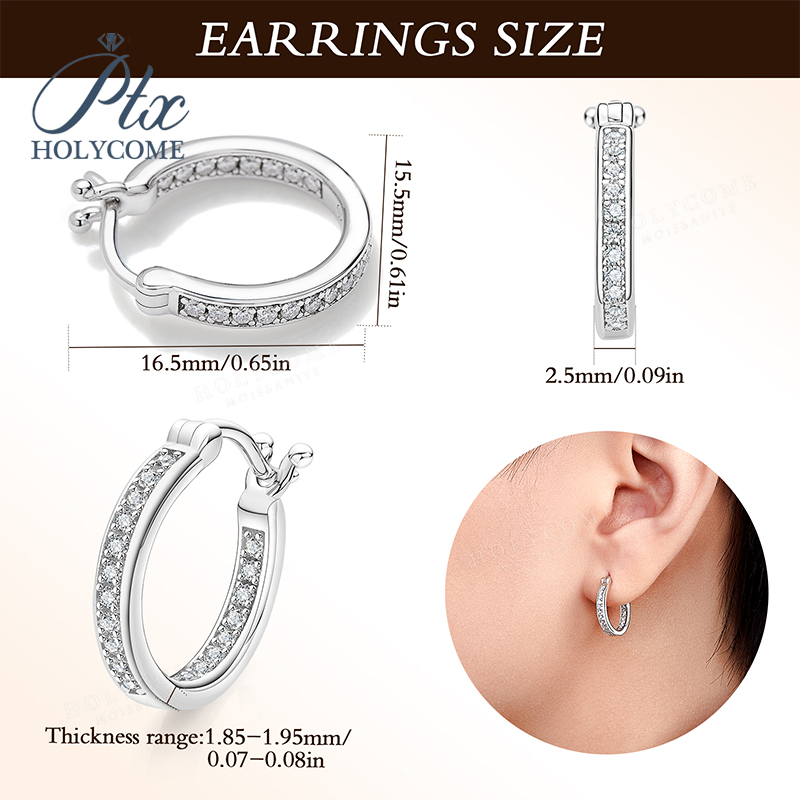 Moissanite Hoop Earrings For Women D Color Original 925 Sterling Silver Jewelry Classic Women's Full Moissanite Diamond Huggie Earrings