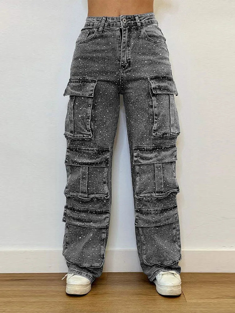 Plus Size Womens High Waist Cargo Denim Jeans With Full Rhinestones Sparkling Casual Baggy Pants Streetwear Chic Daily Trousers 250804