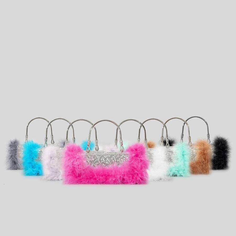 Ostrich Feathers Dias Evening Bags Rhinestone Women Handbag Faux Fur Shoulder Crossbody Bag Glitter Party Small Purse