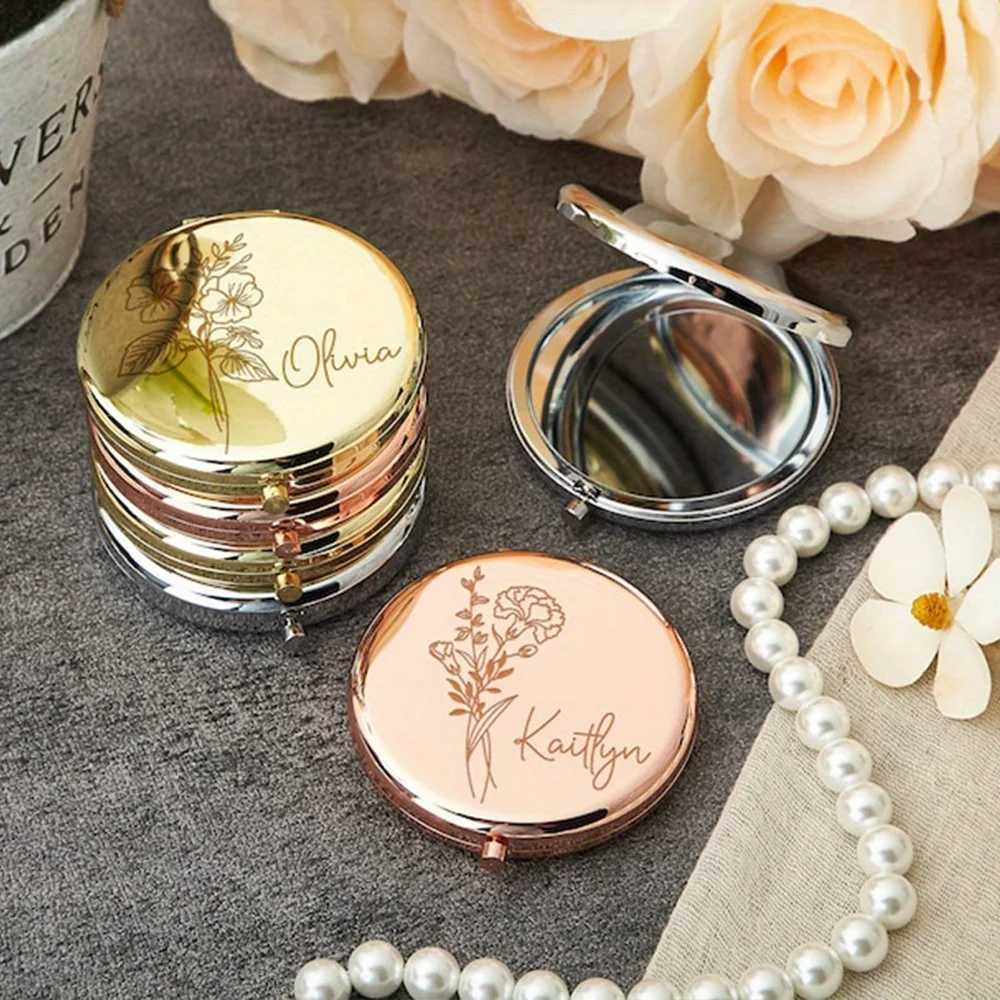 Engraved Compact Mirror with Birth Flower Design Elegant Portable Pocket Mirror for Her Custom Name Personalized Birthday Gift Z250807