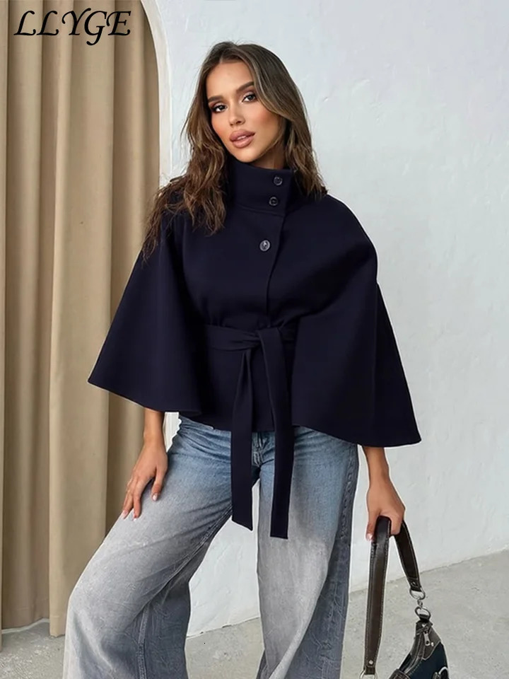 Elegant Womens Cape Belt Woolen Coats Loose Stand Collar Singlebreasted Batwing Sleeve Jacket 2025 Autumn Lady Chic Outwear 250808