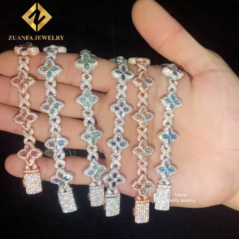 Iced Out Hip Hop 15MM 925 Sterling Silver Infinity Colored Moissanite Clover Bracelet Custom Cuban Link Bracelets for Men