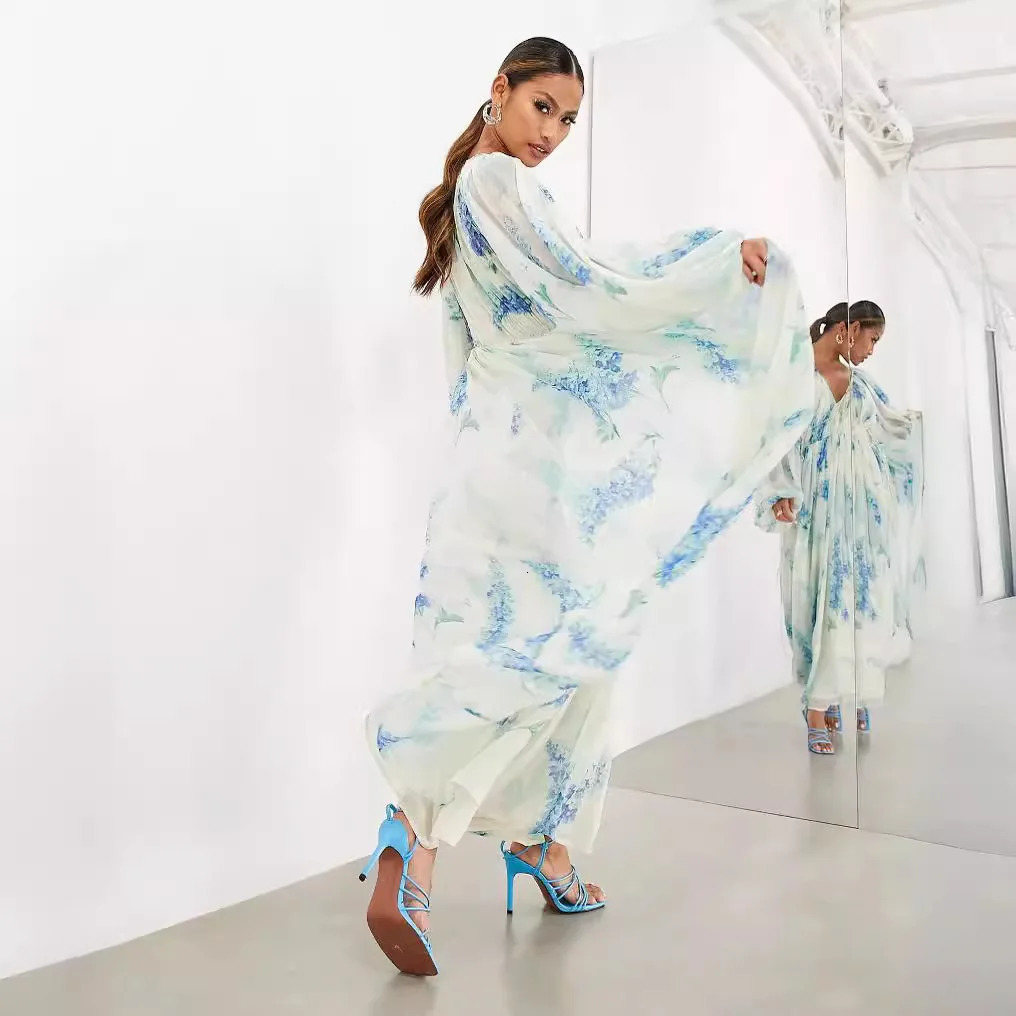 Elegant Print Chiffon Long Dresses Women V-neck High Waist Drawstring Folds See Through Long Sleeve Party Dress Female Vestidos 250728