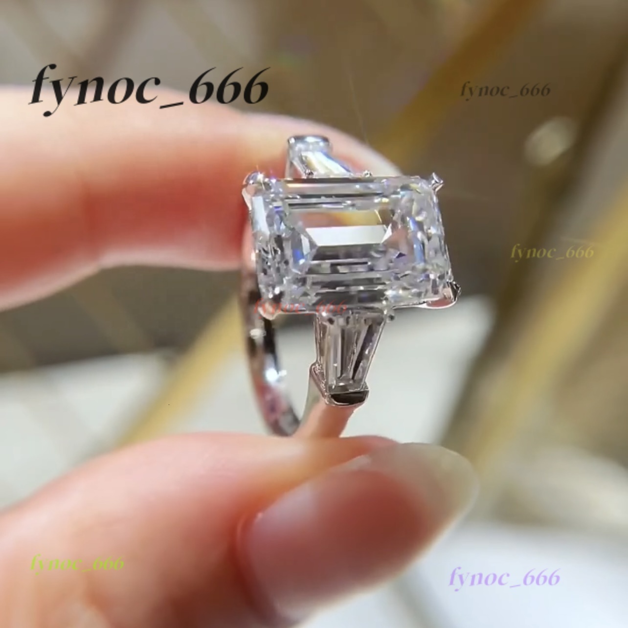 14K White Gold VVS DEF Color 4CT Emerald Cut CVD Lab Diamond Engagement Ring Three Stone Design