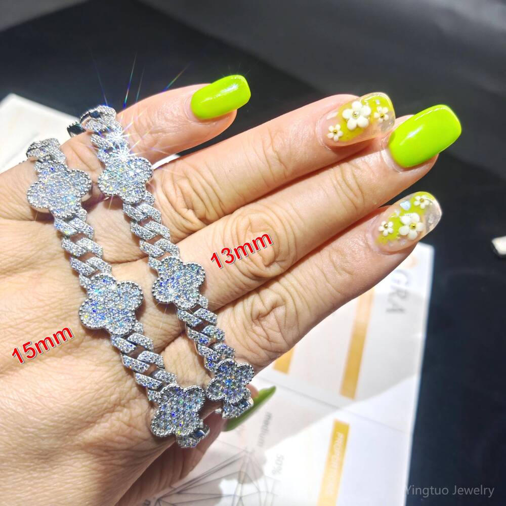 Yingtuo Jewelry Four Leaf Clover Bracelet S925 Silver D VVS1 Hip Hop Moissanite Bracelet Cuban Link Chain Bracelet