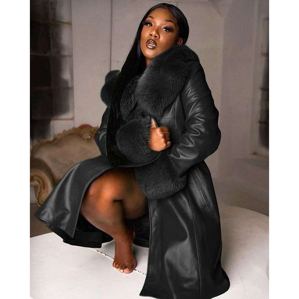 Women's Lapel Long Zip-Up PU fur Coat