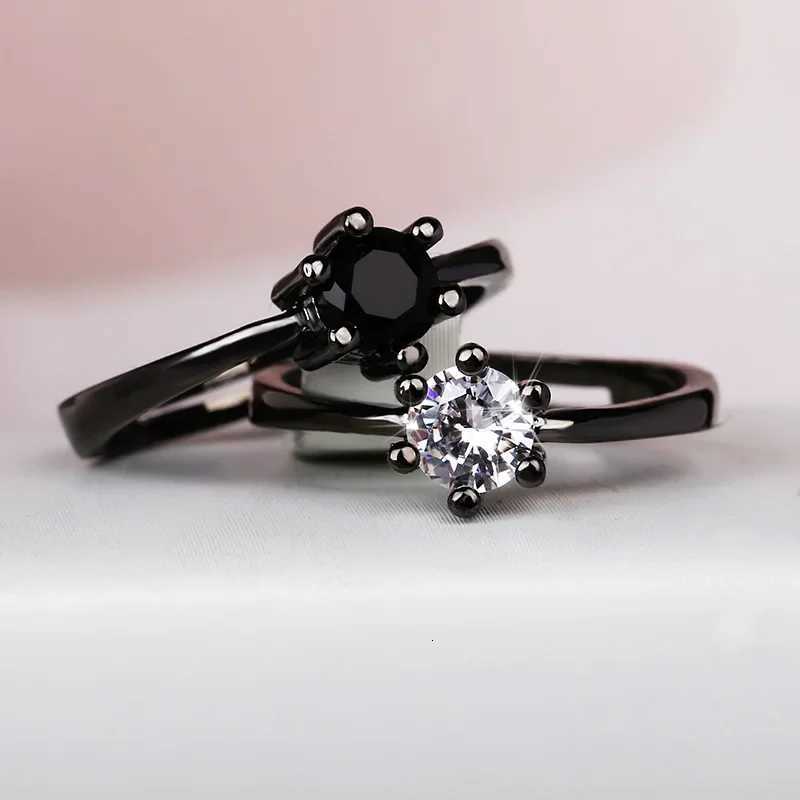 Classic Six-Claw Zircon Ring Jewelry Simple Black Gold White Black Diamond Ring Wedding Bridal Engagement Adjustable Ring Y250808