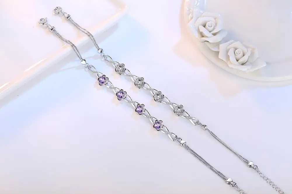 925 Sterling Silver Bracelets Luxury Purple White Zirconia Plum Flower Bracelets Bangles For Women Silver Bracelet S-B51 Z250807