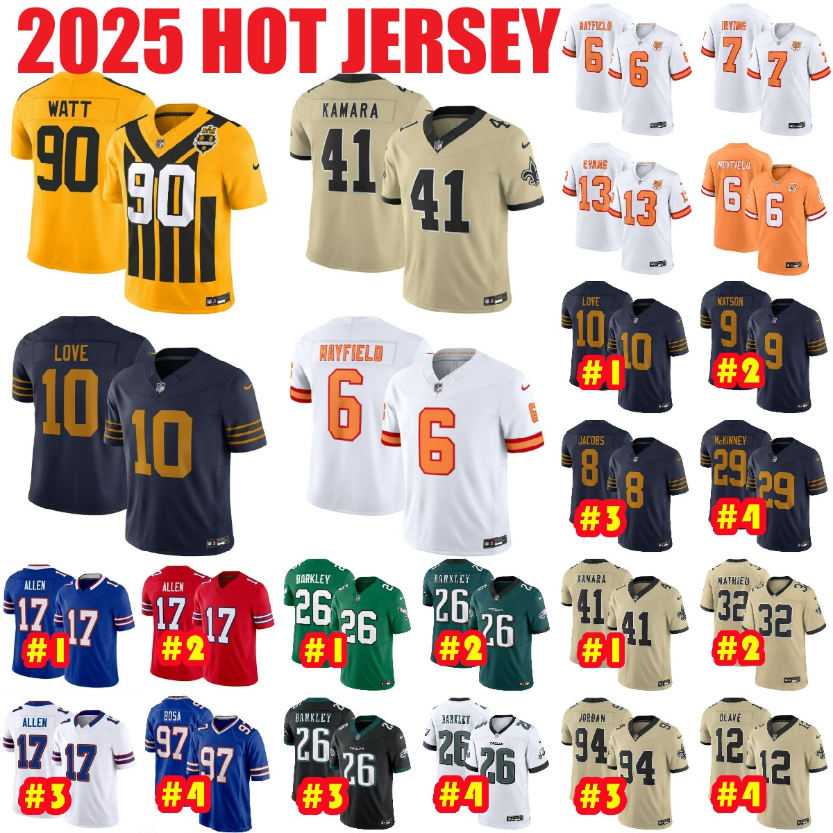 2025 NEW Ain Kamara Saquon Barkley Chris Olave Football Jersey Jalen Hurts Cameron Love Cooper DeJean T.J. Watt Aaron Rodgers Josh Allen Mens Wholesale Cheap