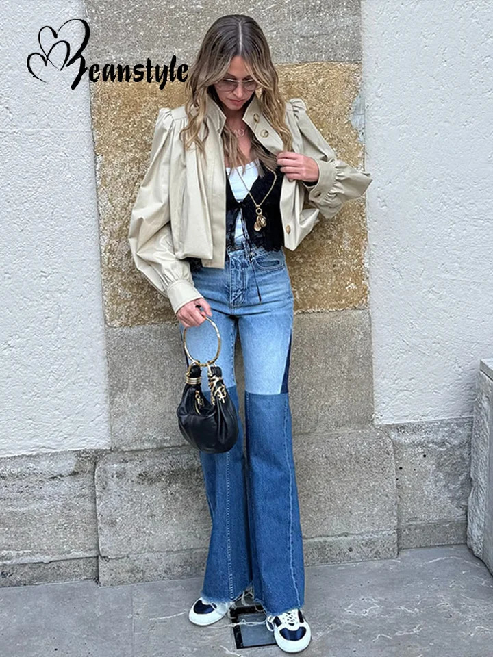 Street Button Short Windbreaker Women Full Puff Sleeve Pleated Stand Collar Solid Jackets Female 2025 Summer Fall Lady Outwears 250728