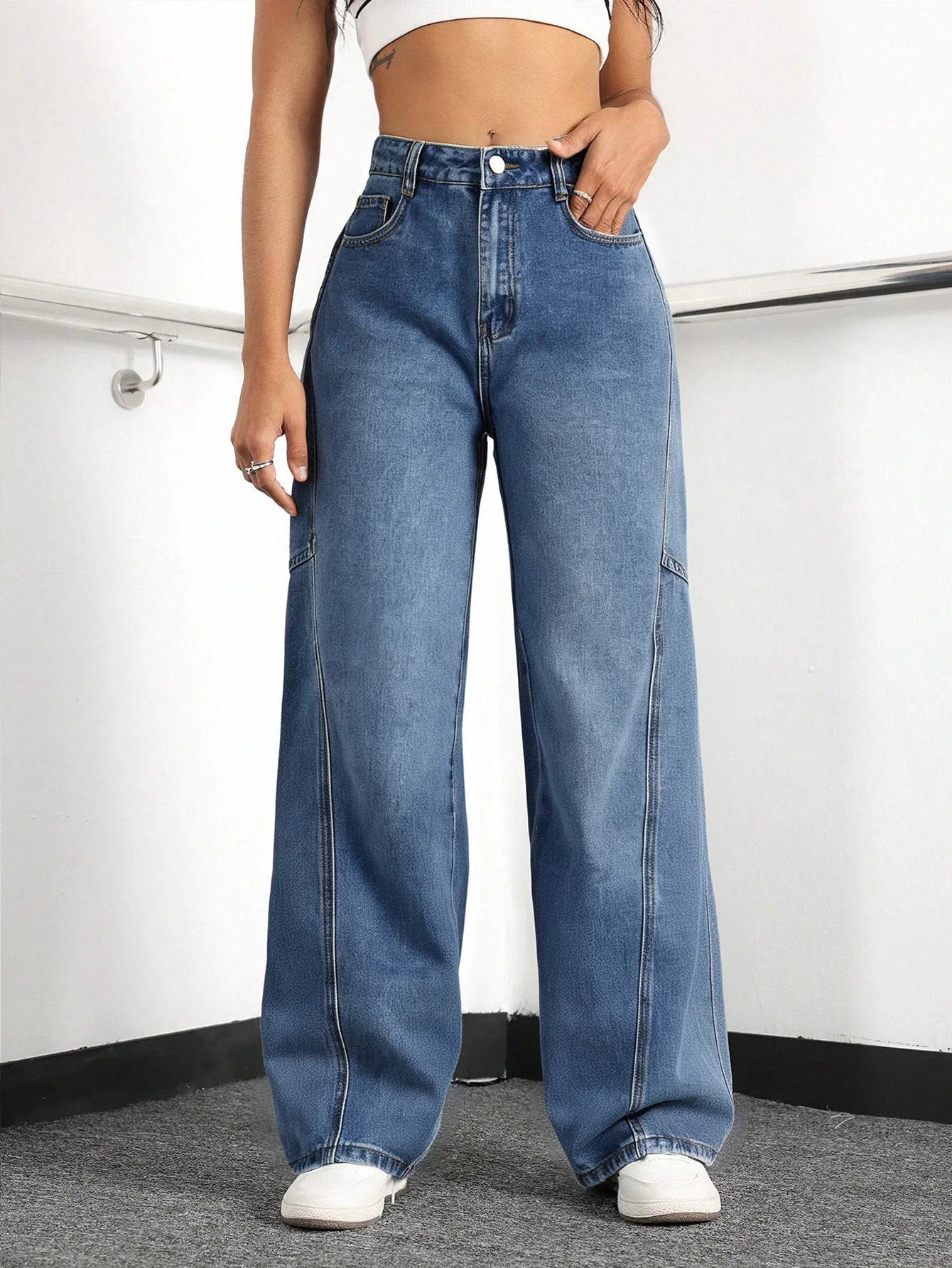 Womens High - Waisted Wide Leg Cargo Jeans | Baggy Denim Workwear Pants 250804