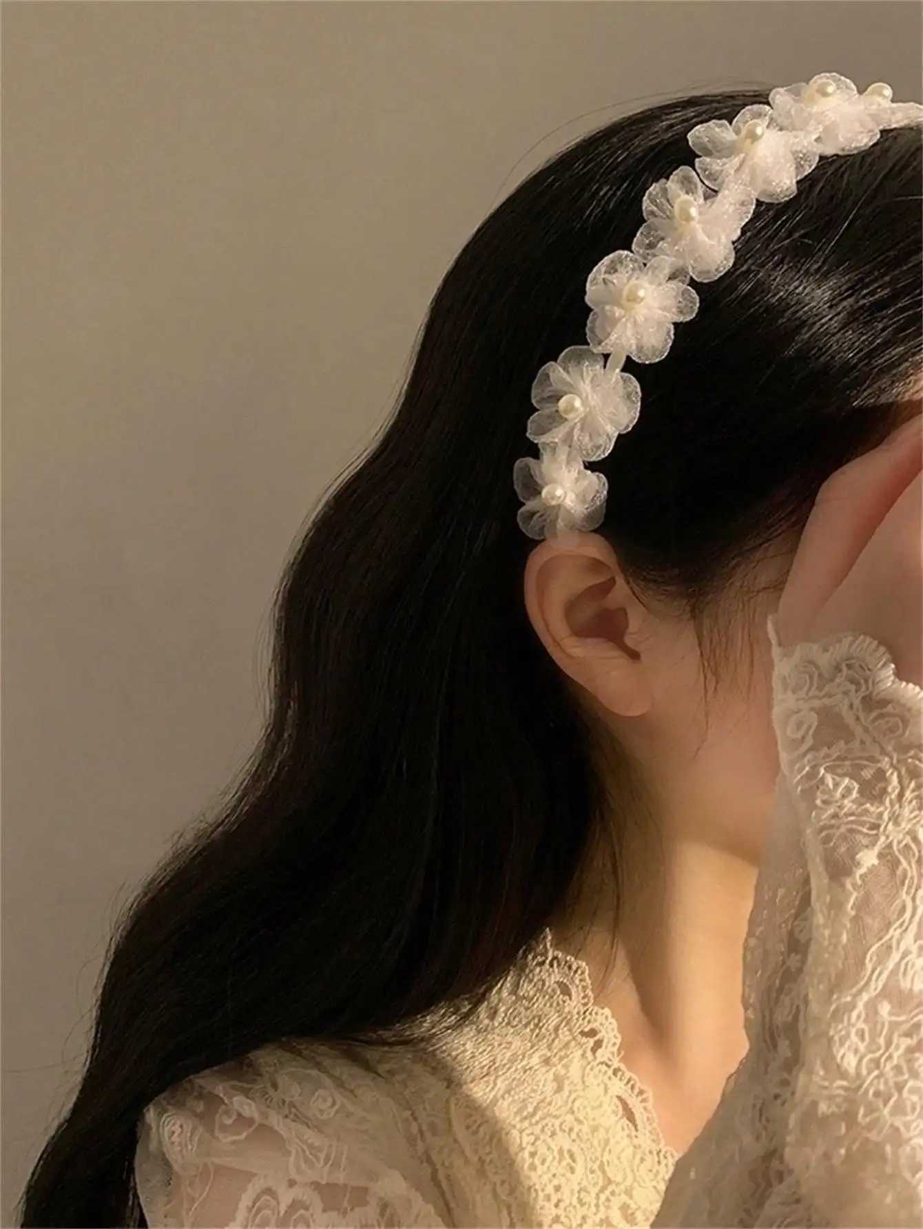 1 Wens Summer New Solid Color Soft Sweet Wer Band White Pearl Band Sen Tie Band Hair Accessory Piece Y250808