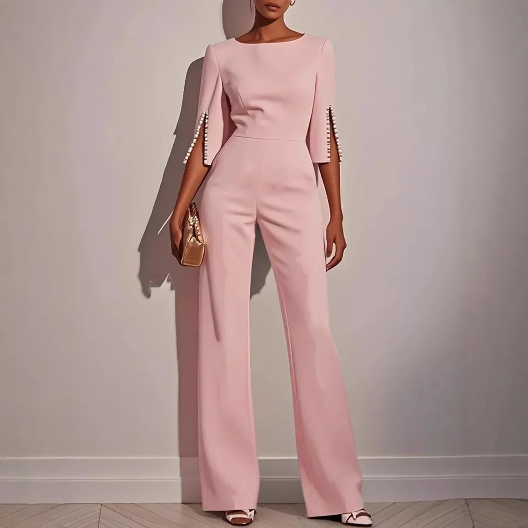 Women Elegant Fashion Beaded Slim Solid Color Jumpsuit Ladies Spring Autumn Casual Half Sleeve Long 250807