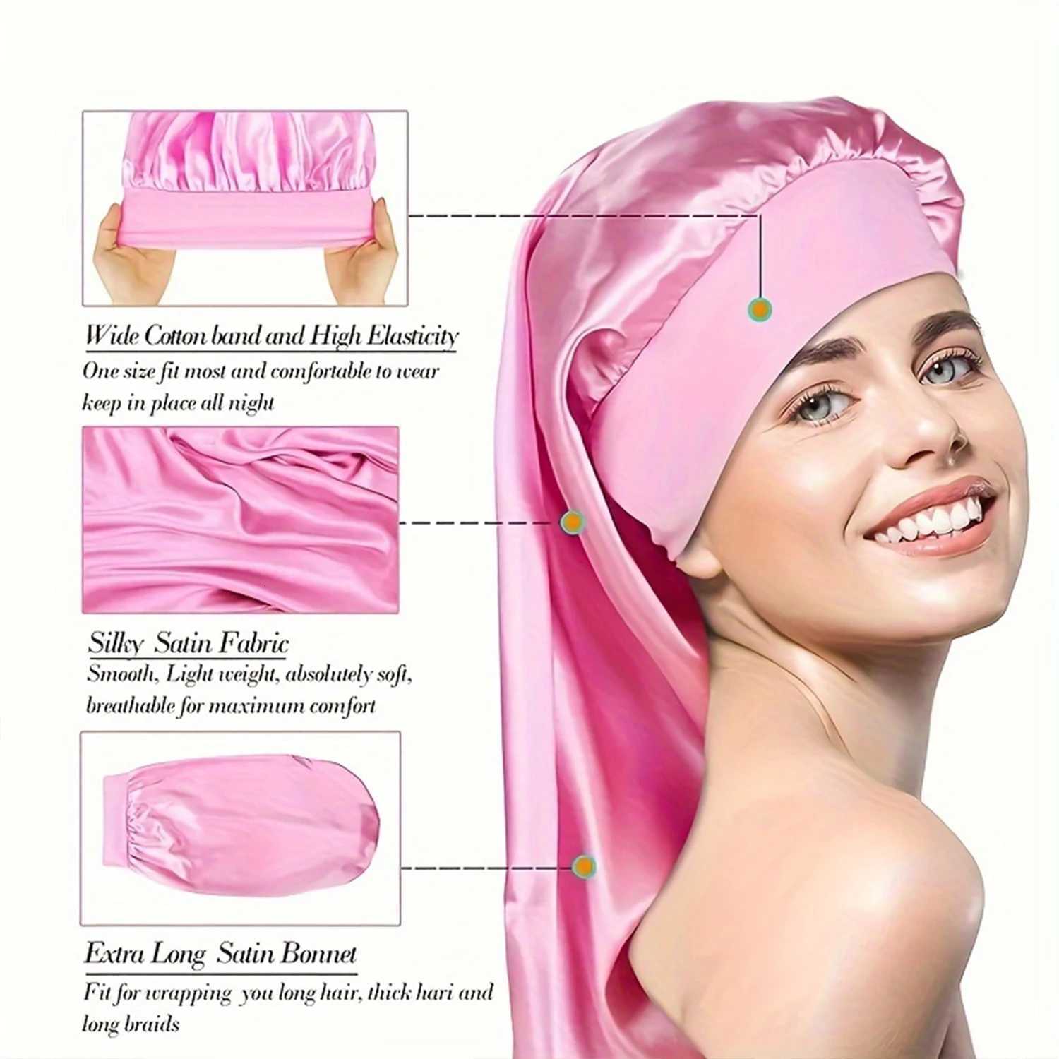 2pcs Long Silky Sleep Bonnet for Straight Curly Hair Extra Large Hair Bonnets for Dreadlocks and Braids Satin Sleeping Caps Z250808