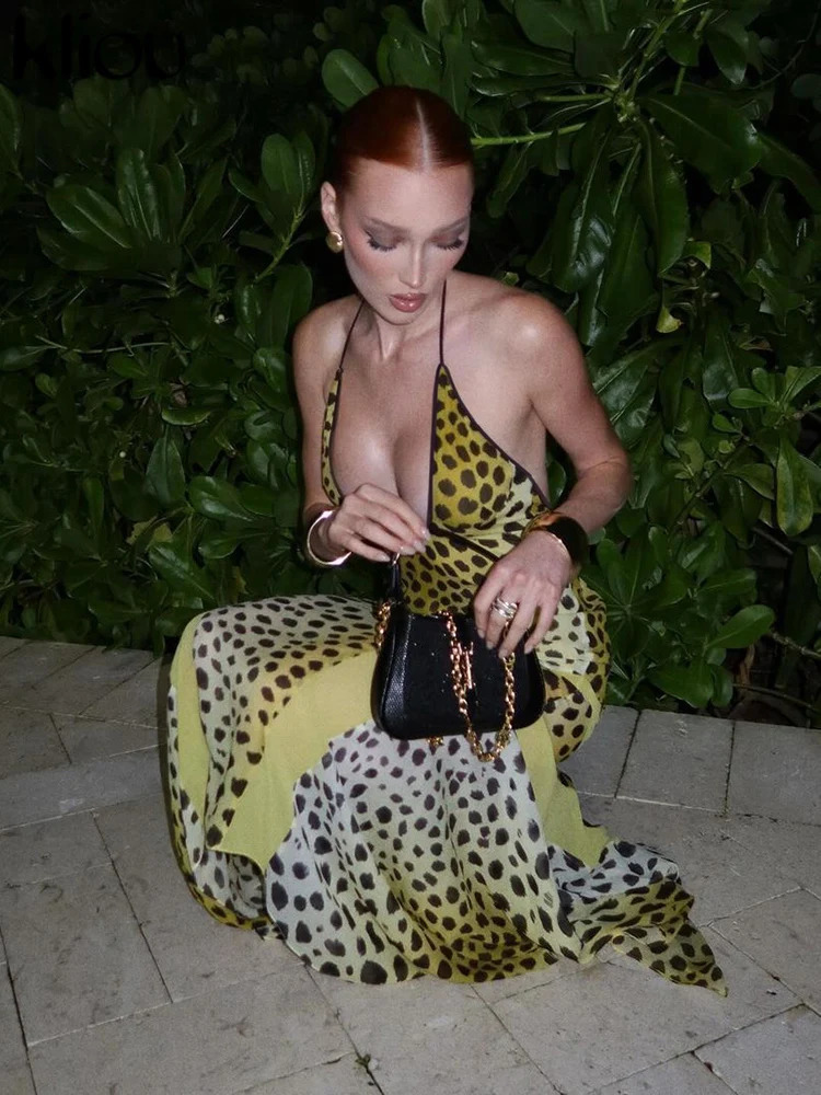 kliou Point Print Irregularly Maxi Dress Women Cross Halter Bandage Hollow Backless Fashion Vestidos Female Evening Party Wear 250805