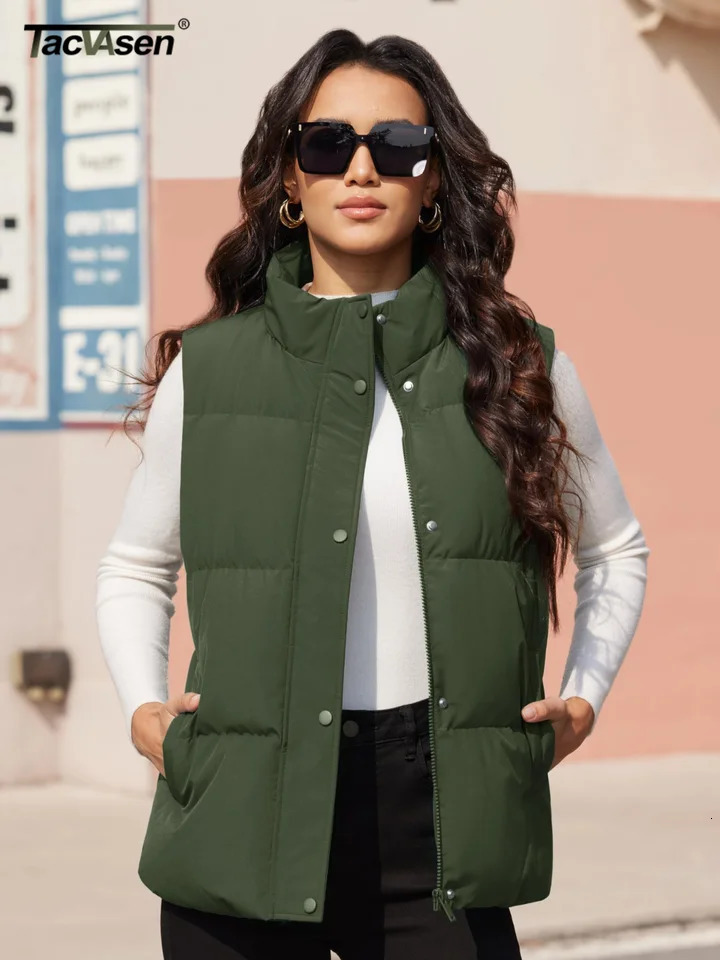 TACVASEN Winter Puffer Duck Feather Down Coats Womens Warm Sleeveless Outwear Waistcoats Zip-up Button Lightweight Padded Vests 250804