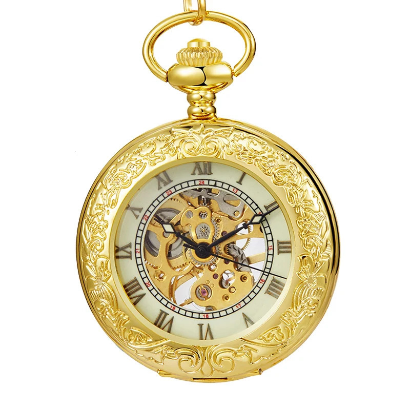 Vintage Gold Bronze Mechanical Pocket Watch Hand Winding Skeleton Roman Numerals Dial Fob Chain Clock for Men Drop 250807