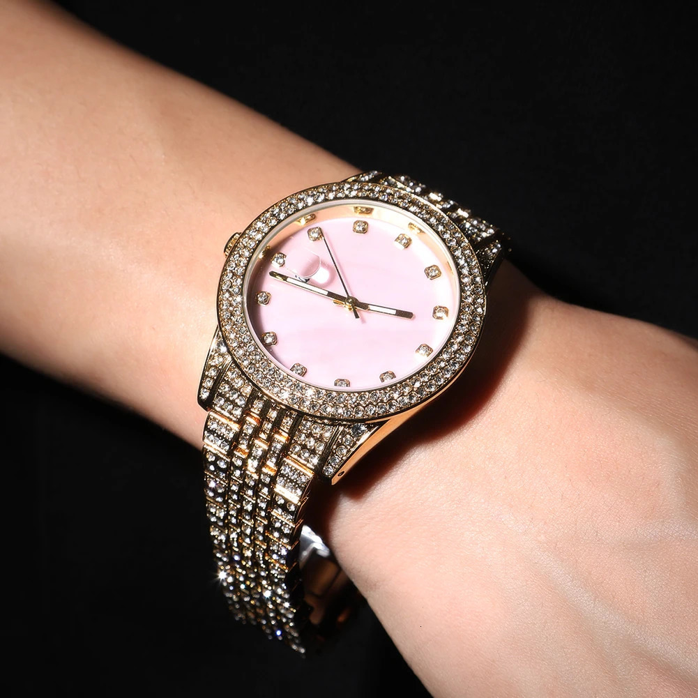 TBTK Mother of Pearl Pink Dial Full Iced Out Two Tone Quartz Clock Business Waterproof Watches For Women Girl 250807