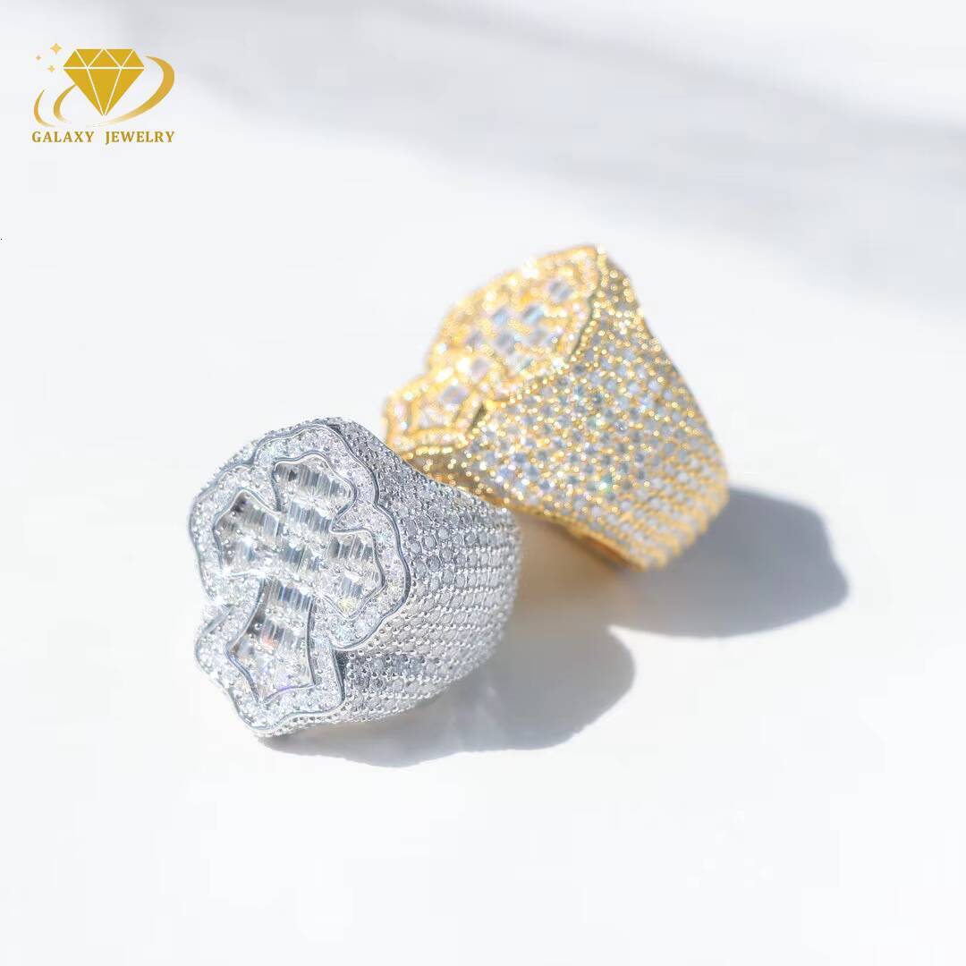 Hip Hop Rock Fine Jewelry Popular Baguette Cut Cross Ring Vvs Moissanite Championship Ring Silver Moissanite Cross Ring