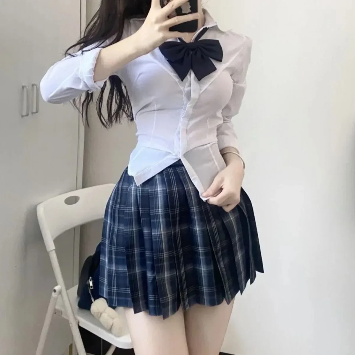 S8xl plus size American Jk school uniform original bow pleated skirt college style slim shirt high waist suit 250729