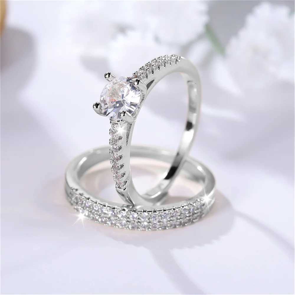 2pcs Small Round White Zircon Stone Ring Set Promise Gold Color Wedding Engagement Jewelry For Women Y250808