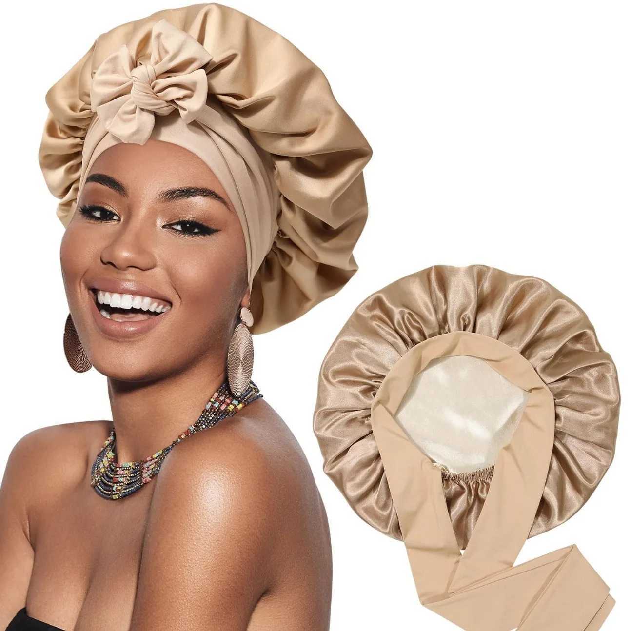 New Satin Double Layer Bonnet Solid Wide Tie Band Stretch Head Silky Bonnet Edge Wrap Nightcap Hair Care Shower Bonnet for Women Z250808