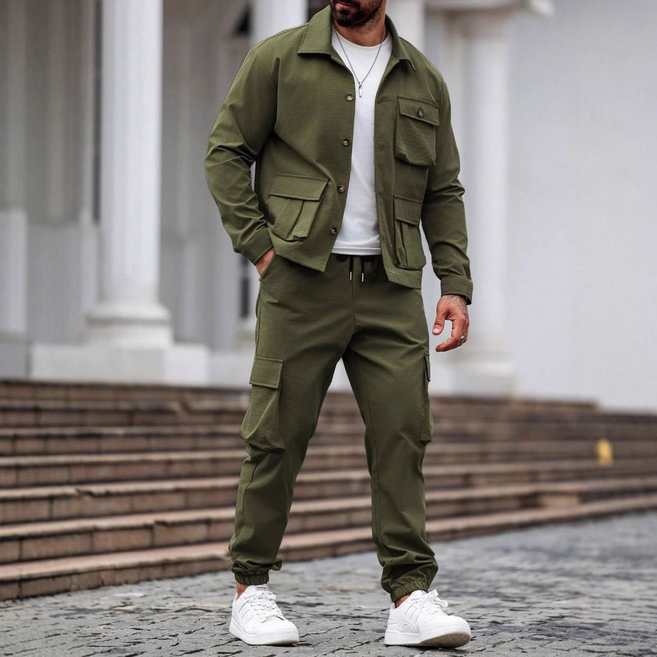 Fashion Solid Color Street Wear Trendy Slim Short Sleeve Lapel Shirt Pants Outfits Men Casual 2 Piece Sets black gray khaki
