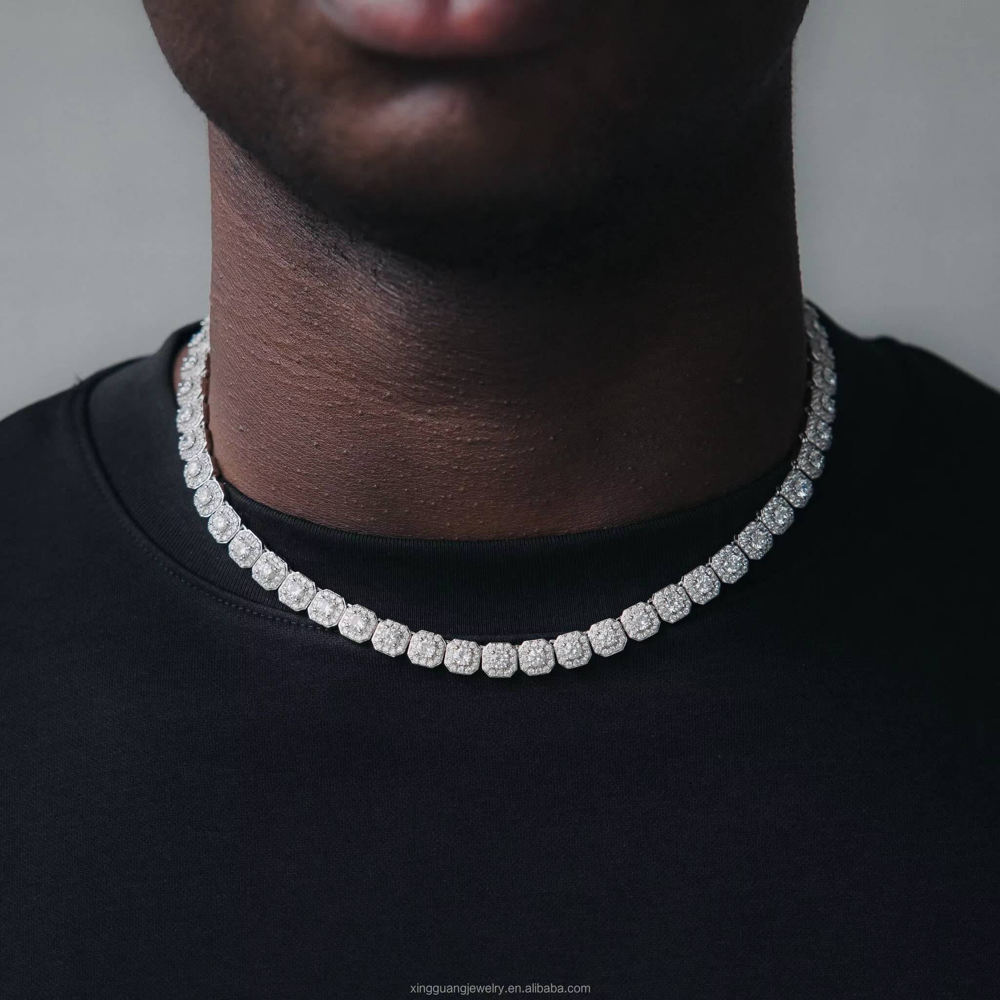 RTS Large Size 8mm Tennis Chain VVS Moissanite White Gold Plated Solid 925 Silver Tennis Chains for Men Women Bracelet Necklace