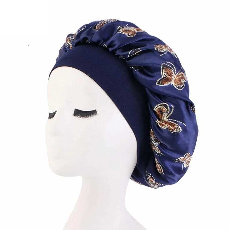 Butterfly Print Satin Sleeping Cap Wide Brim Nightcap Hair Care Turban Chemo Hat for Washing Face Skin-Caring Makeup Z250808