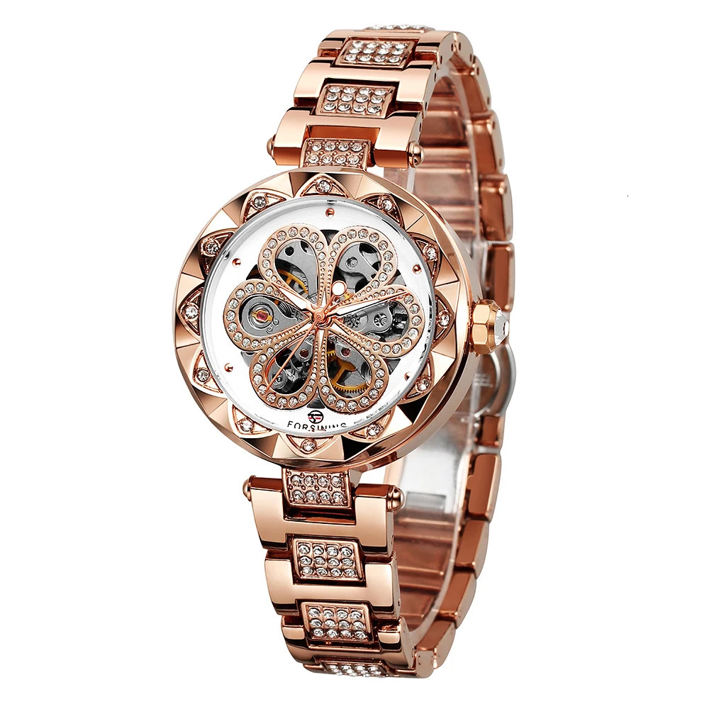 FORSINING Romantic Womens Automatic Mechanical Watches Skeleton Rhinestone Luminous Stainless Steel Stylish Female Wristwatches 250807