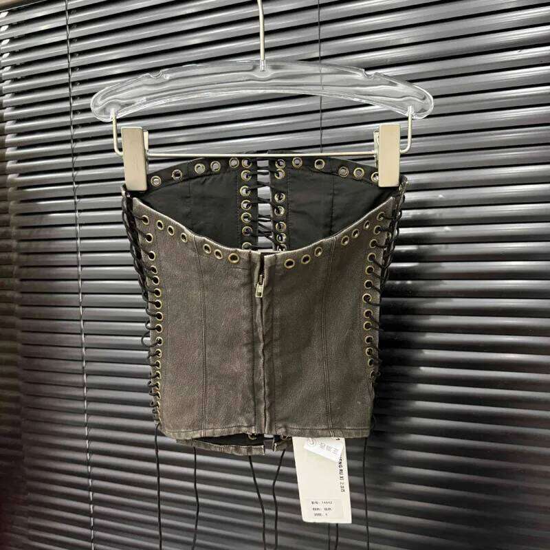 Fashion Vintage Bandage Design Hollow Out PU Short Strapless Vest For Women Outwear High Street Tank Tops Female 11