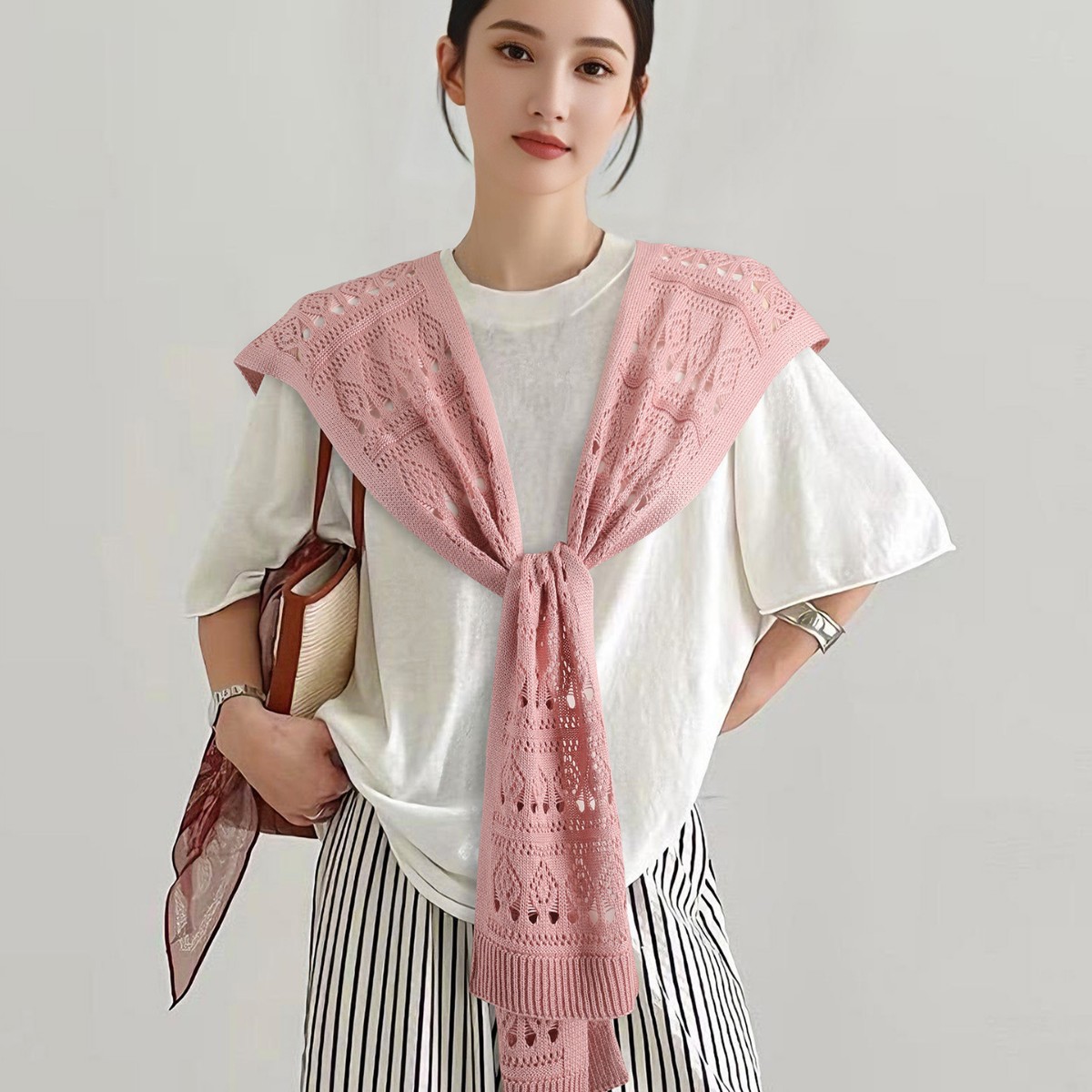 K1616 New skin-friendly soft ice silk hollow knitted shawl women's summer outer wear solid color knotted waistcoat neck scarf