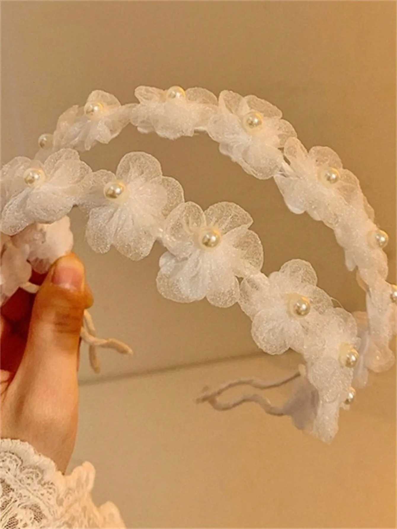 1 Wens Summer New Solid Color Soft Sweet Wer Band White Pearl Band Sen Tie Band Hair Accessory Piece Y250808
