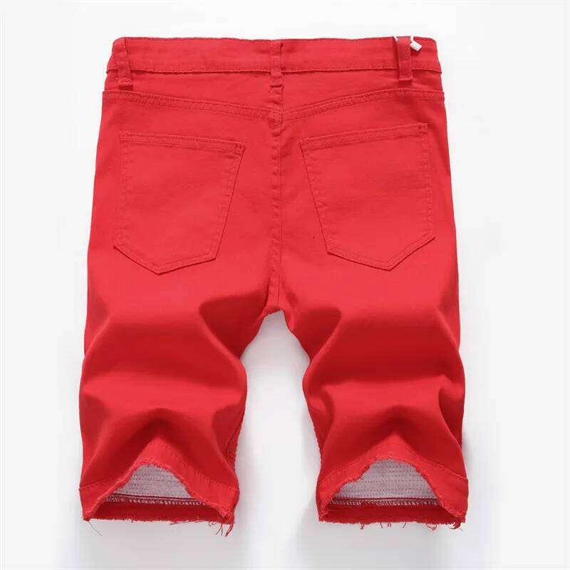 2025 Summer New Men's Jeans Pleats and Holes Decorated Shorts, Men White Black Blue Red Denim Shorts