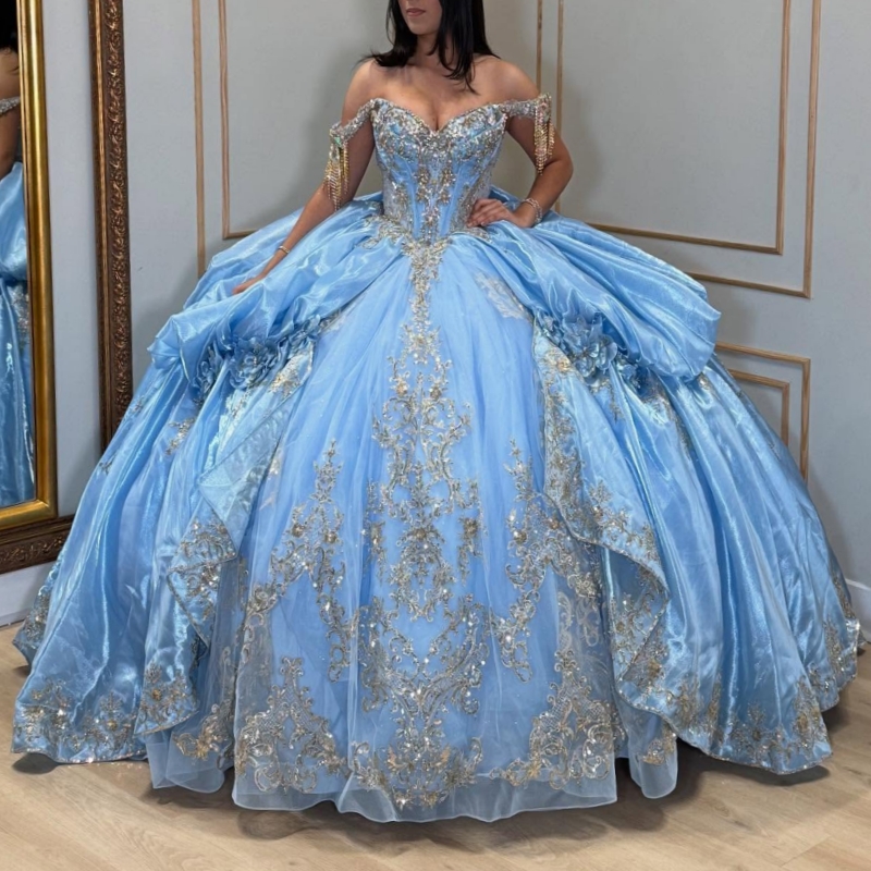 Sky Blue Shiny Quinceanera Dresses Off The Shoulder Applique Lace Beading Crystal Corset Bow Tull Ball Gown Vestidos De 15 Anos Sweet 16 Dress