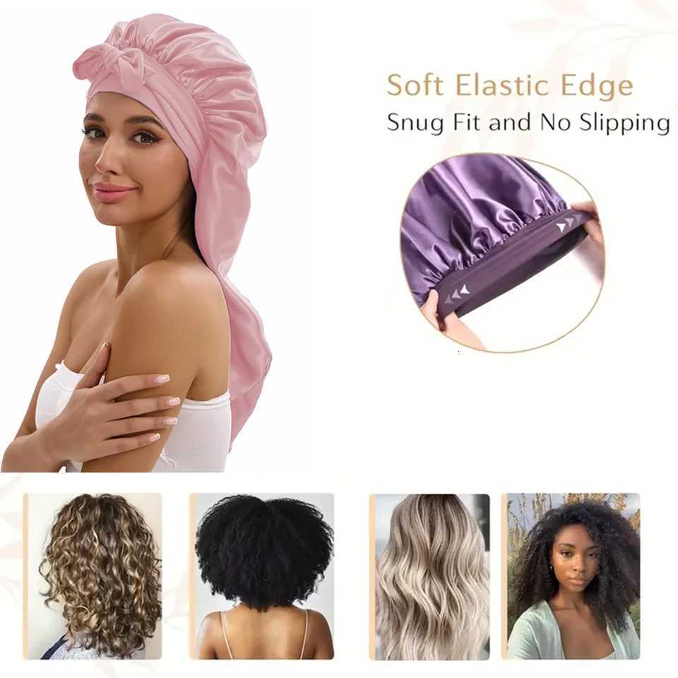Women Long Tail Satin Hair Bonnet Color Elastic Band Hair Care Hat Bonnet for Hair Treatment Satin Bonnet Z250808