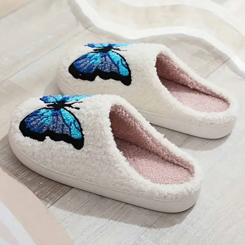 Lucyever Butterfly Embroidery Plush Woman Slippers Non Slip Soft Home Slides Shoes Women Winter Comfy Warm Cotton Shoes Female 250730