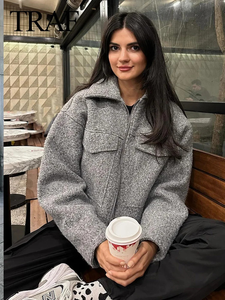 TRAFZA Womens Cropped Jacket Vintage Grey Outerwear Long Sleeve With Pocket Zipper Faux Fur Coat Fashion Womens Clothing 250806